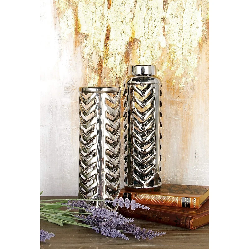 Set of 2 Silver Stoneware Glam Vase, 4" x 11"