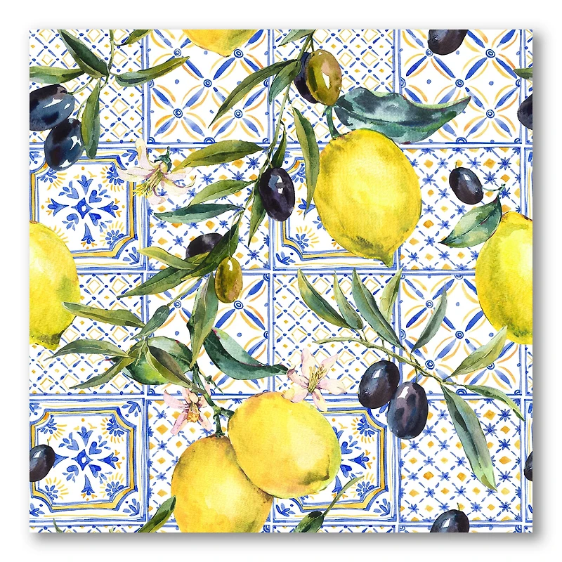 Designart - Lemon Ornament On Blue Geometrical Pattern III