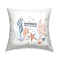 Stupell Industries Happiness Quote Seashell Coral Outlines Throw Pillow, 18" x 18"