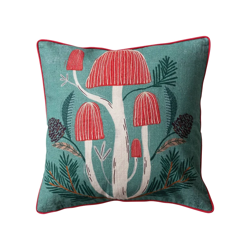 Hello Honey® 18" Embroidered Mushrooms Cotton Slub Throw Pillow with Red Piping