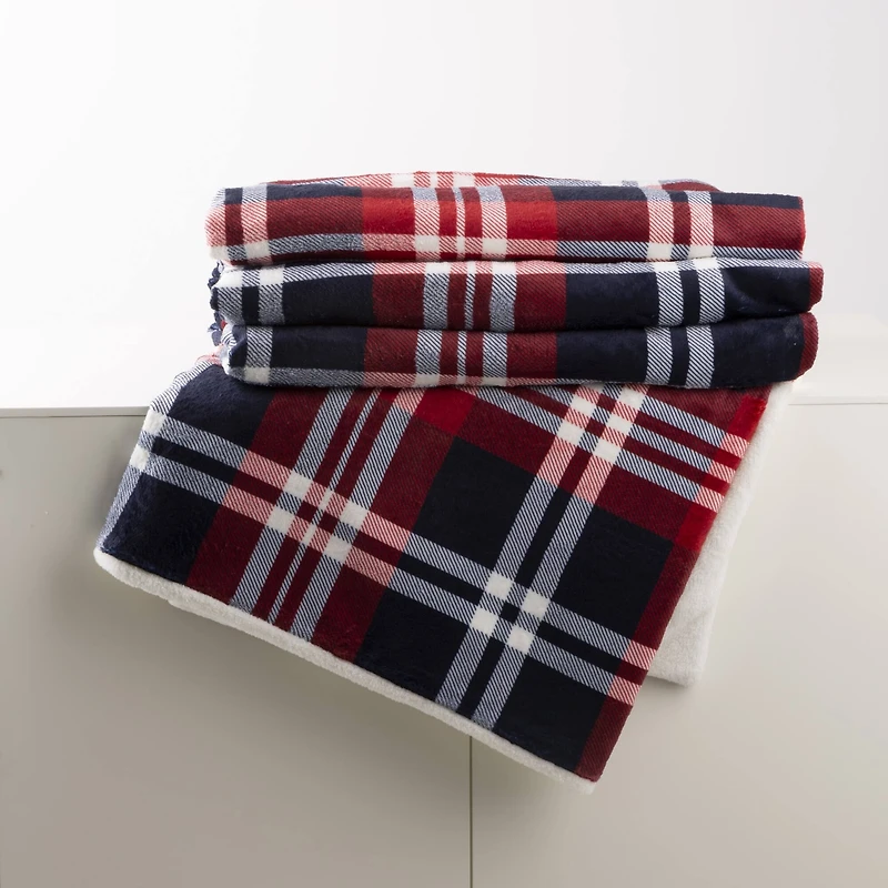 Glitzhome® Polar Fleece Red & Blue Plaid Reversible Duvet Cover