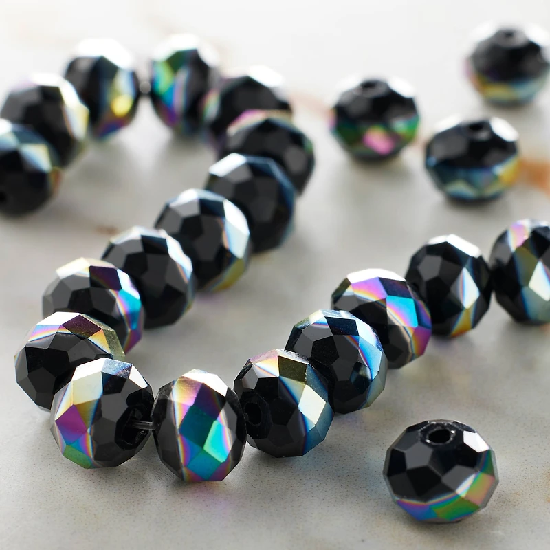 Black Aurora Borealis Striped Glass Faceted Rondel Beads, 8mm by Bead Landing™