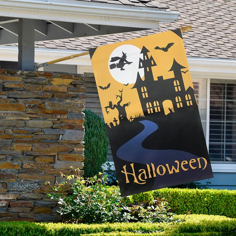 Spooky House Halloween Outdoor Garden Flag with Bats & Witch