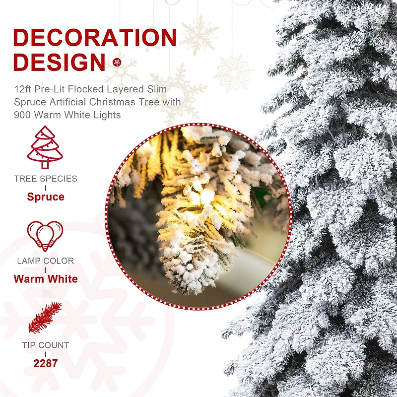 12ft. Pre-Lit Flocked Layered Slim Spruce Artificial Christmas Tree, Warm White LED Lights
