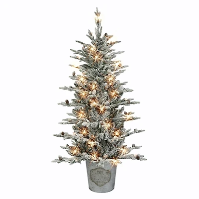 4.5ft. Pre-Lit Flocked Artificial Christmas Tree in Metal Planter, Clear Lights