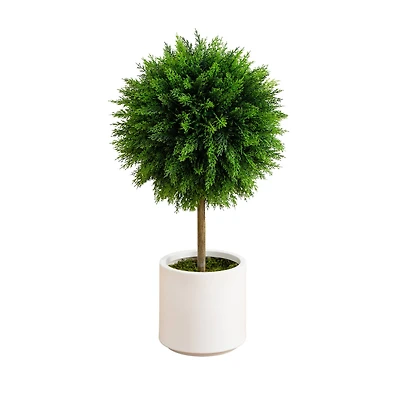2.5ft. UV-Resistant Artificial Cedar Ball Topiary Tree in White Decorative Planter