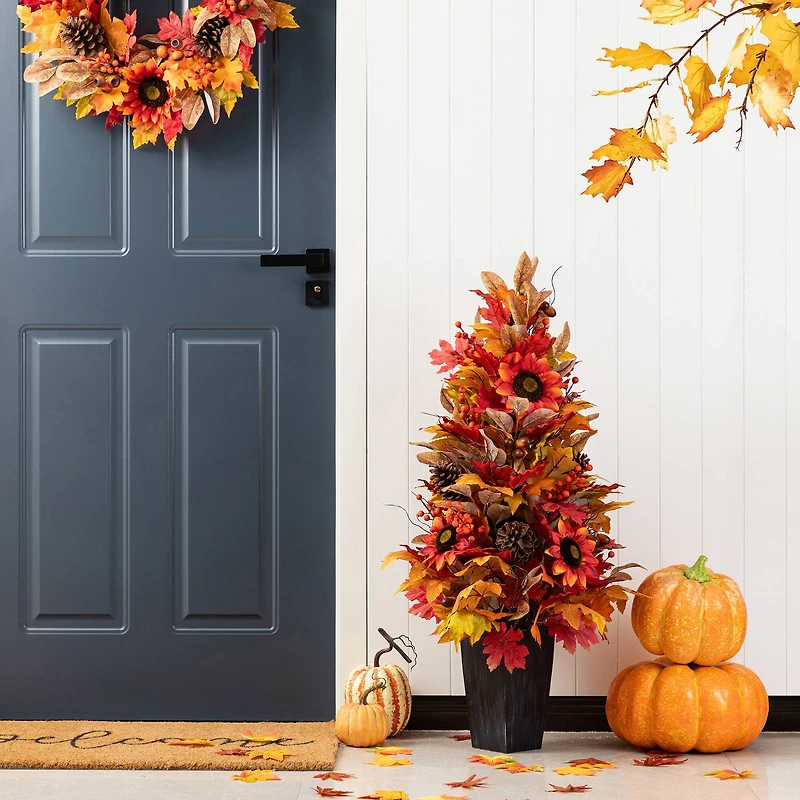 Glitzhome® 36" Fall Sunflower, Pinecone and Berry Porch Tree