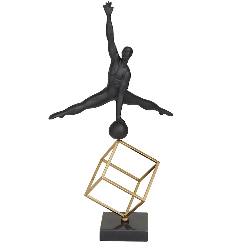 19" Black Marble Gymnast with Gold Cube Sculpture