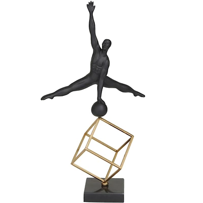 19" Black Marble Gymnast with Gold Cube Sculpture