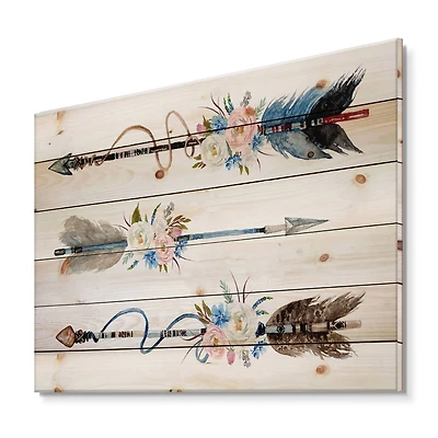 Designart - Ethnic Feathers and Flowers On Native Arrows I - Bohemian & Eclectic Print on Natural Pine Wood