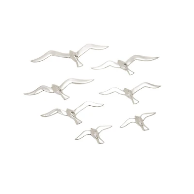 Set of 7 Silver Aluminum Coastal Birds Wall Decor, 16" x 4"