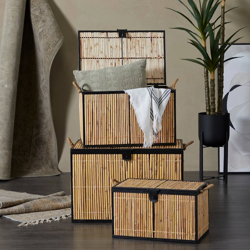 Light Brown Rattan Handmade Nesting Trunk Set of 3 25", 21", 18"