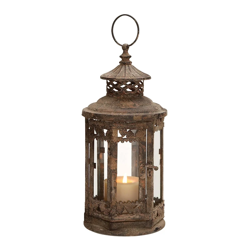Brown Iron Rustic Candle Holder Lantern, 13" x 6" x 6"