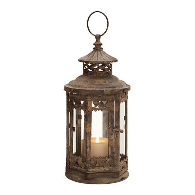 Brown Iron Rustic Candle Holder Lantern, 13" x 6" x 6"