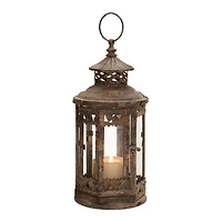 Brown Iron Rustic Candle Holder Lantern, 13" x 6" x 6"