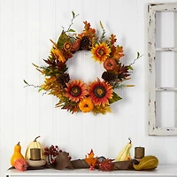 24" Sunflower, Pumpkin, Gourds, Pinecone & Berries Autumn Artificial Wreath