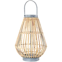 16" Brown Bamboo Handmade Open Framed Candle Lantern with Blue Metal Accents & Handle