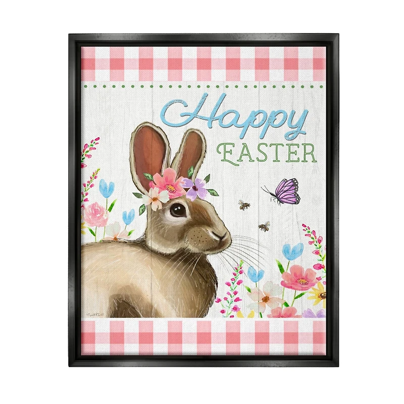 Stupell Industries Happy Easter Floral Gingham Rabbit Floater Framed Art