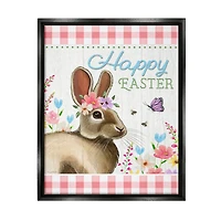 Stupell Industries Happy Easter Floral Gingham Rabbit Floater Framed Art