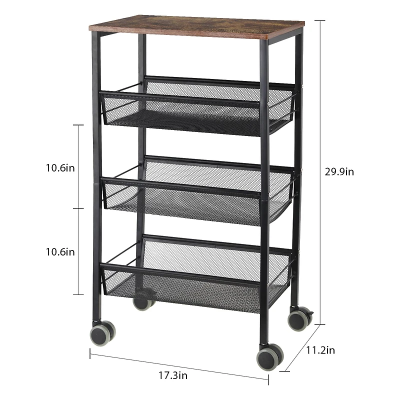 Black Rustic 3-Tier Metal Wire Storage Kitchen Cart on Wheels