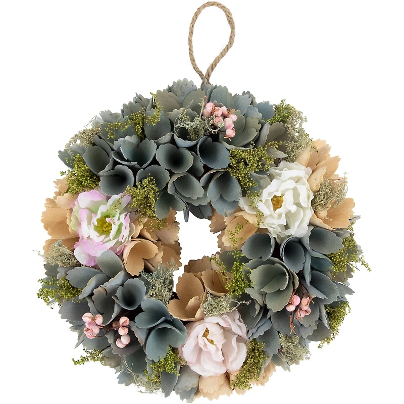 10" Tan & Blue Wooden Floral Wreath