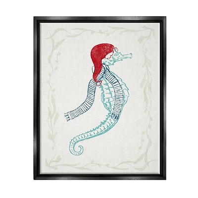 Stupell Industries Coastal Christmas Seahorse Santa Framed Floater Canvas Wall Art