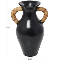 21" Black Ceramic Jug with Rattan Wrapped Handles