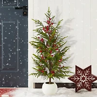 Glitzhome® 37.5"H Chirstmas Greenery Pine Porch Tree with Berries