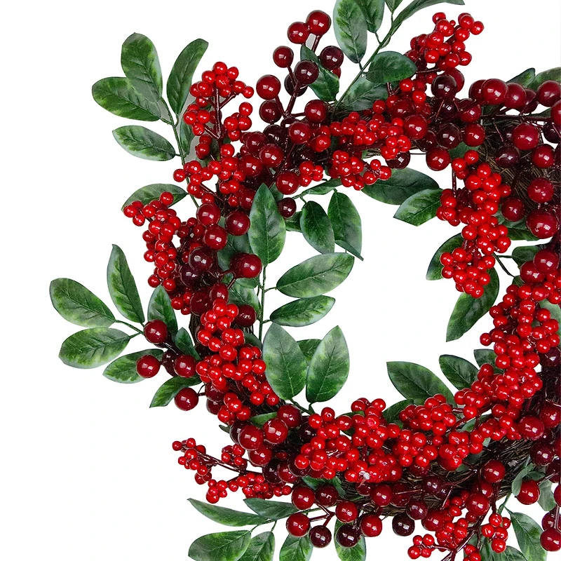 18" Red Berries & Two-Tone Green Leaves Artificial Wreath, Unlit