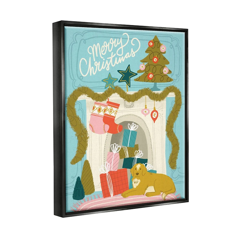 Stupell Industries Whimsical Fireplace Merry Christmas Framed Floater Canvas Wall Art
