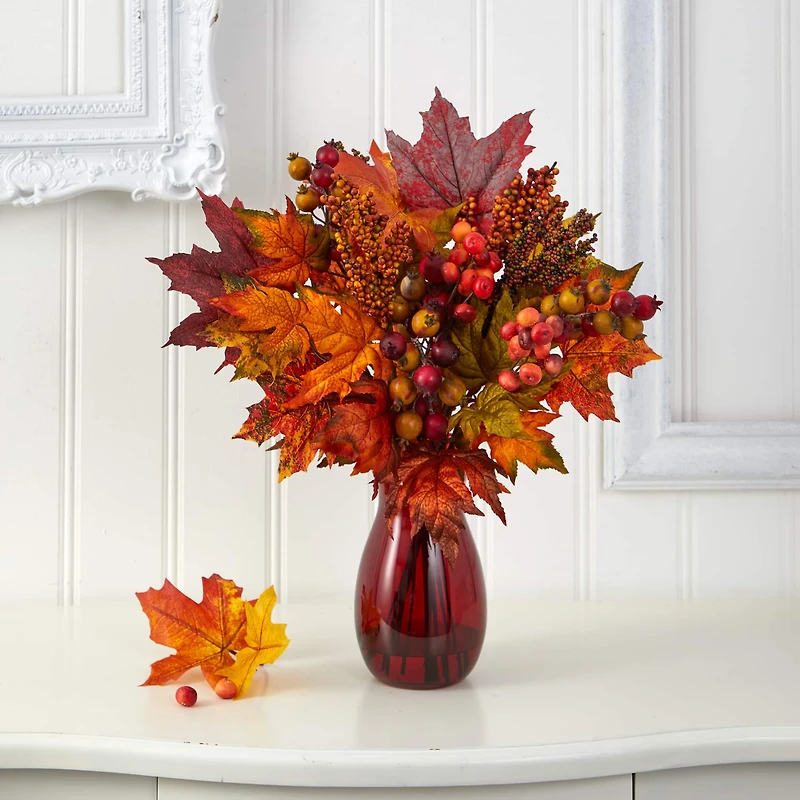 18in. Maple Leaf & Berries Arrangement in Ruby Vase