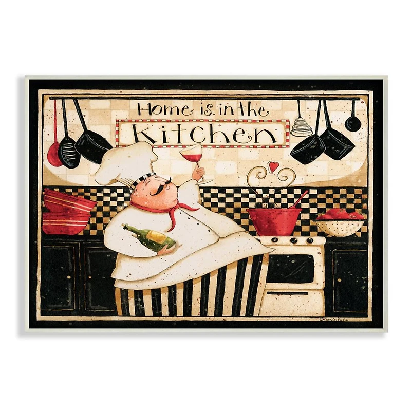 Stupell Industries Home is in the Kitchen with Happy Chef Illustration Wood Wall Plaque