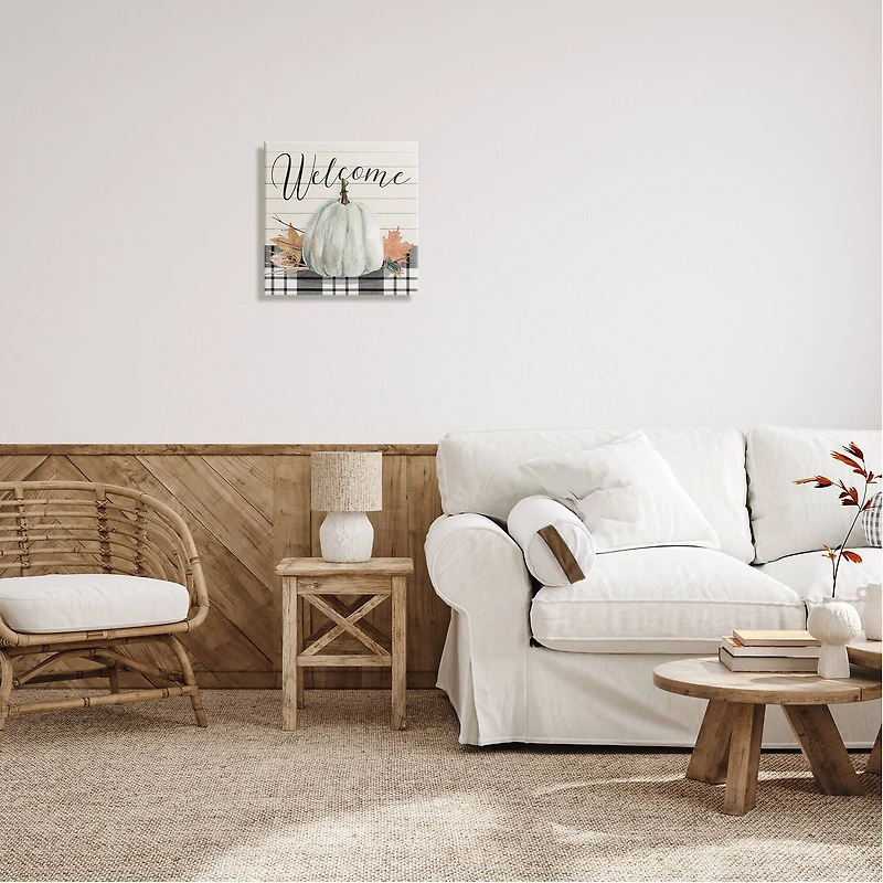 Stupell Industries Welcome Plaid Pumpkin Sign Canvas Wall Art