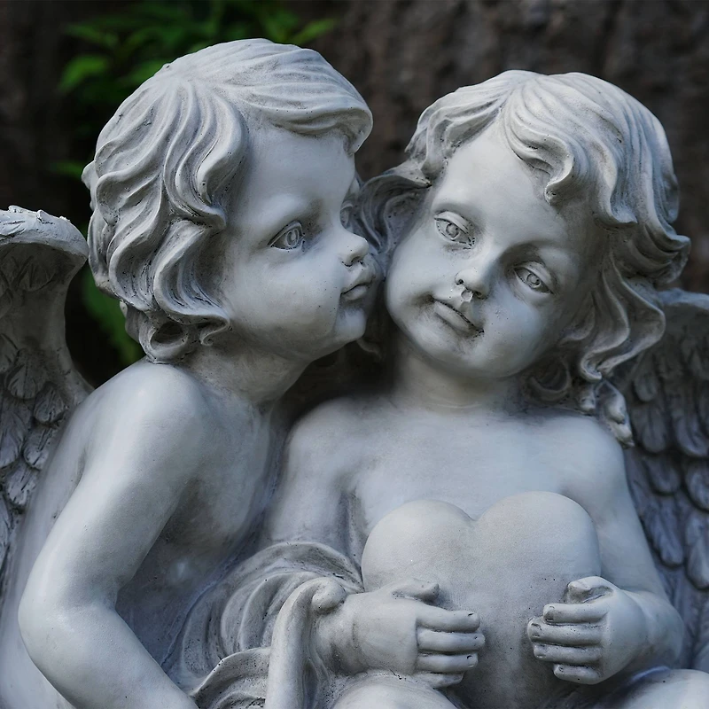 16.25" Gray Sitting Cherub Angels Holding a Heart & Bow Outdoor Statue