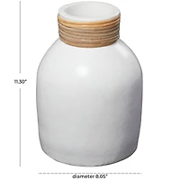 11" White Ceramic Vase with Wrapped Rattan Detailing