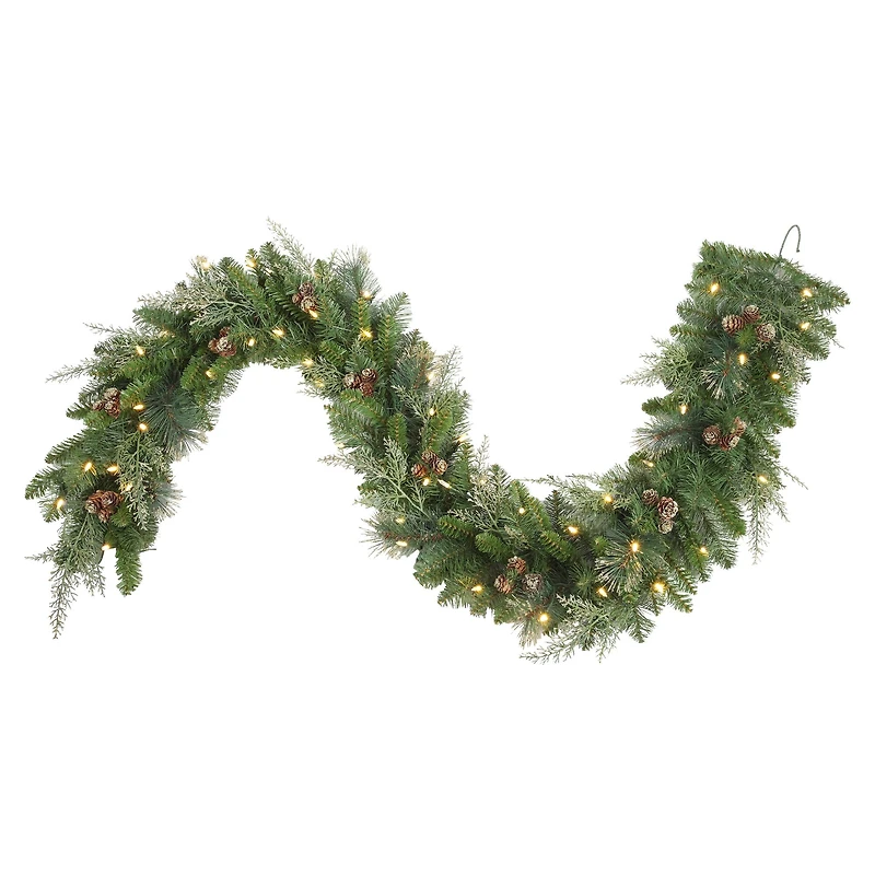 Haute Decor Pre-Lit 6ft. Long Bergen Pine & Gold Accents Artificial Garland, Soft White LED Lights