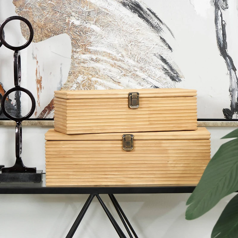 Light Brown Wood Carved Linear Box Set
