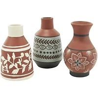 Orange Ceramic Floral Vase Set with 3 Different Patterns & Shapes
