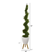 6.2ft. Cypress Artificial Spiral Tree in White Planter with Stand