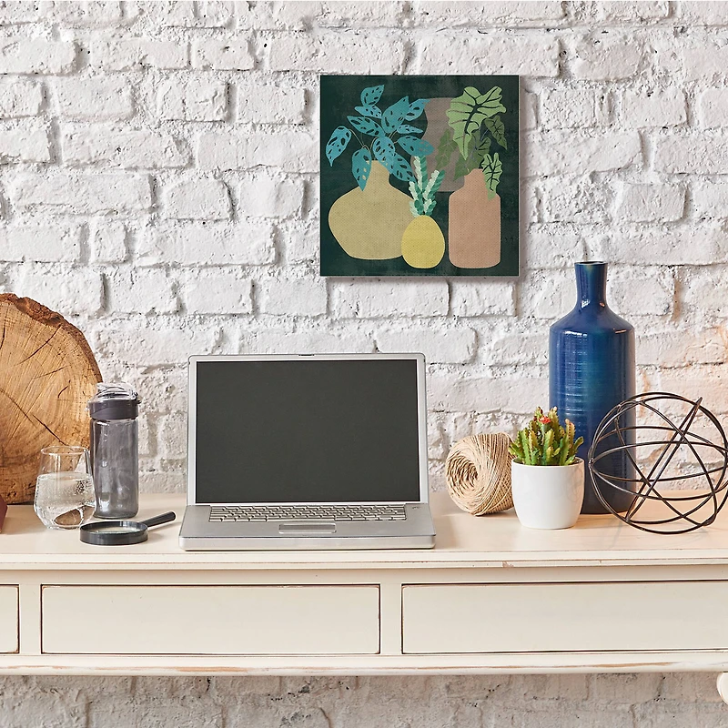 Stupell Industries Decorative Vases with Tropical Palms over Black Canvas Wall Art