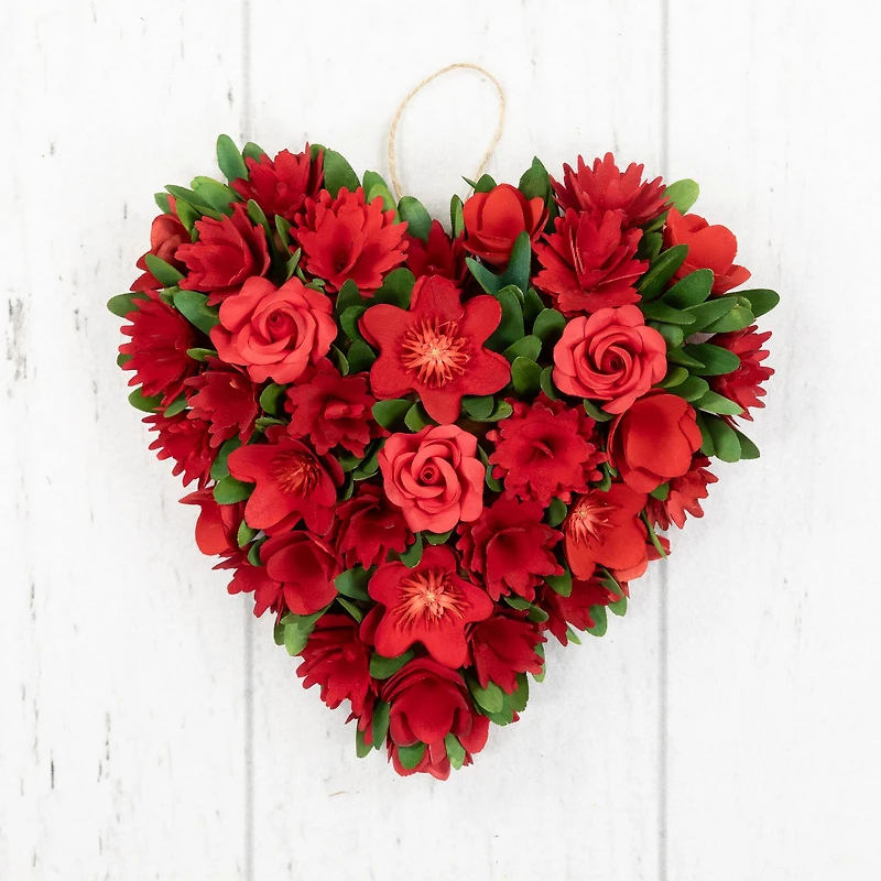 12.25" Mixed Floral with Wooden Flowers Artificial Valentine's Day Heart Wreath