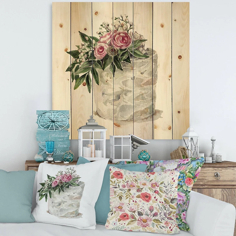 Designart - Pink Roses and White Flowers On Cake