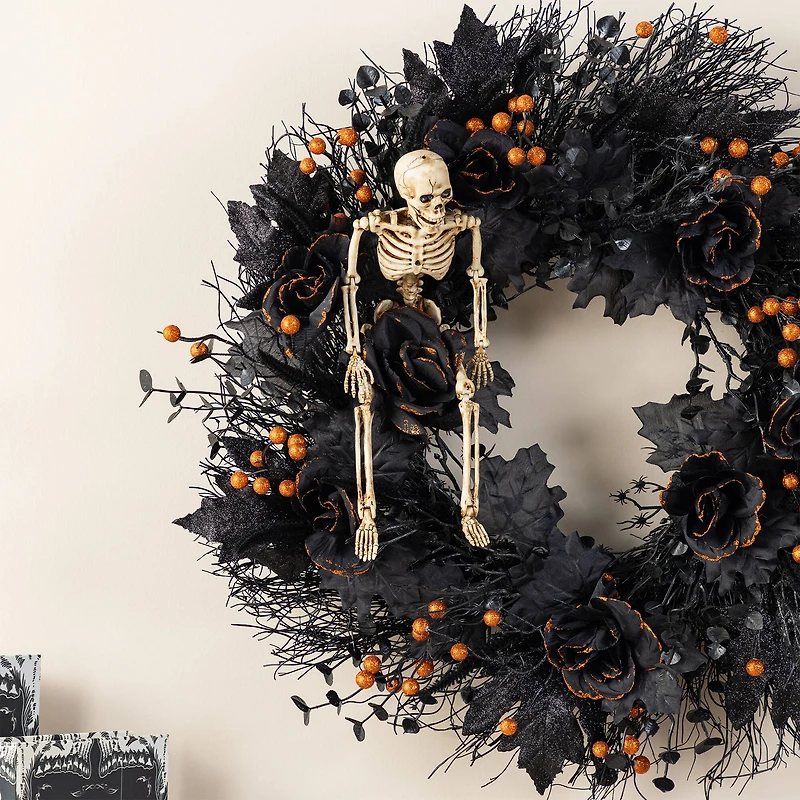 Glitzhome® 24"D Halloween Black Rose, Skeleton and Berry Wreath with Hanger