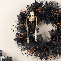 Glitzhome® 24"D Halloween Black Rose, Skeleton and Berry Wreath with Hanger