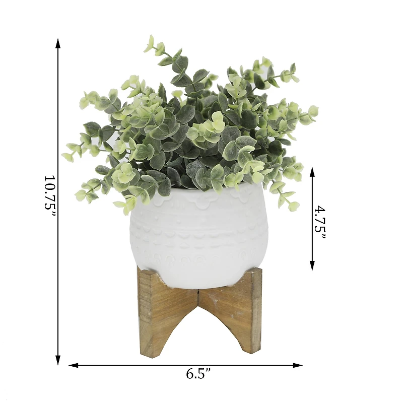 Flora Bunda® 4.7" Eucalyptus in Matte White Mayan Ceramic Pot on Wood Stand