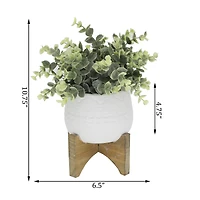 Flora Bunda® 4.7" Eucalyptus in Matte White Mayan Ceramic Pot on Wood Stand