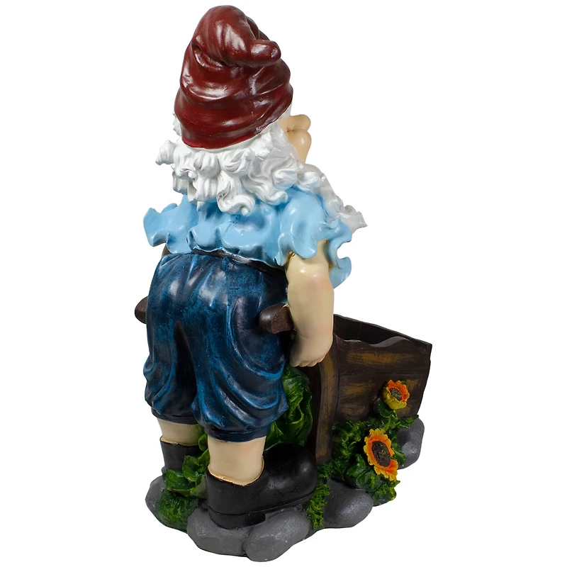 20" Blue & Brown Wheelbarrow Gnome Outdoor Garden Statue