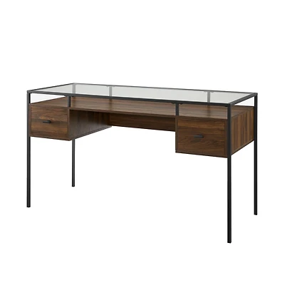 Walker Edison 56" Dark Walnut 2 Drawer Glass Top Desk