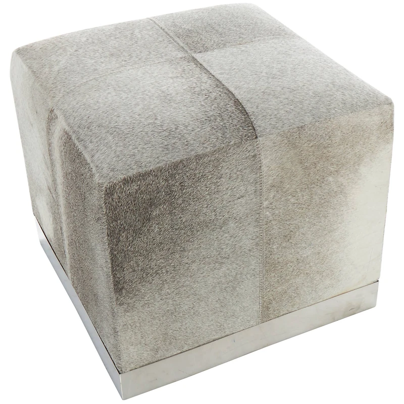 17" Gray Leather Patchwork Pouf with Silver Metal Base