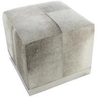 17" Gray Leather Patchwork Pouf with Silver Metal Base